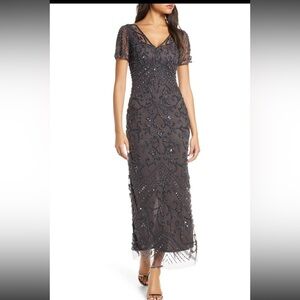 NWT Pisarro Nights V-Neck Short Sheer Sleeve Back Beaded Sheath Dress 10